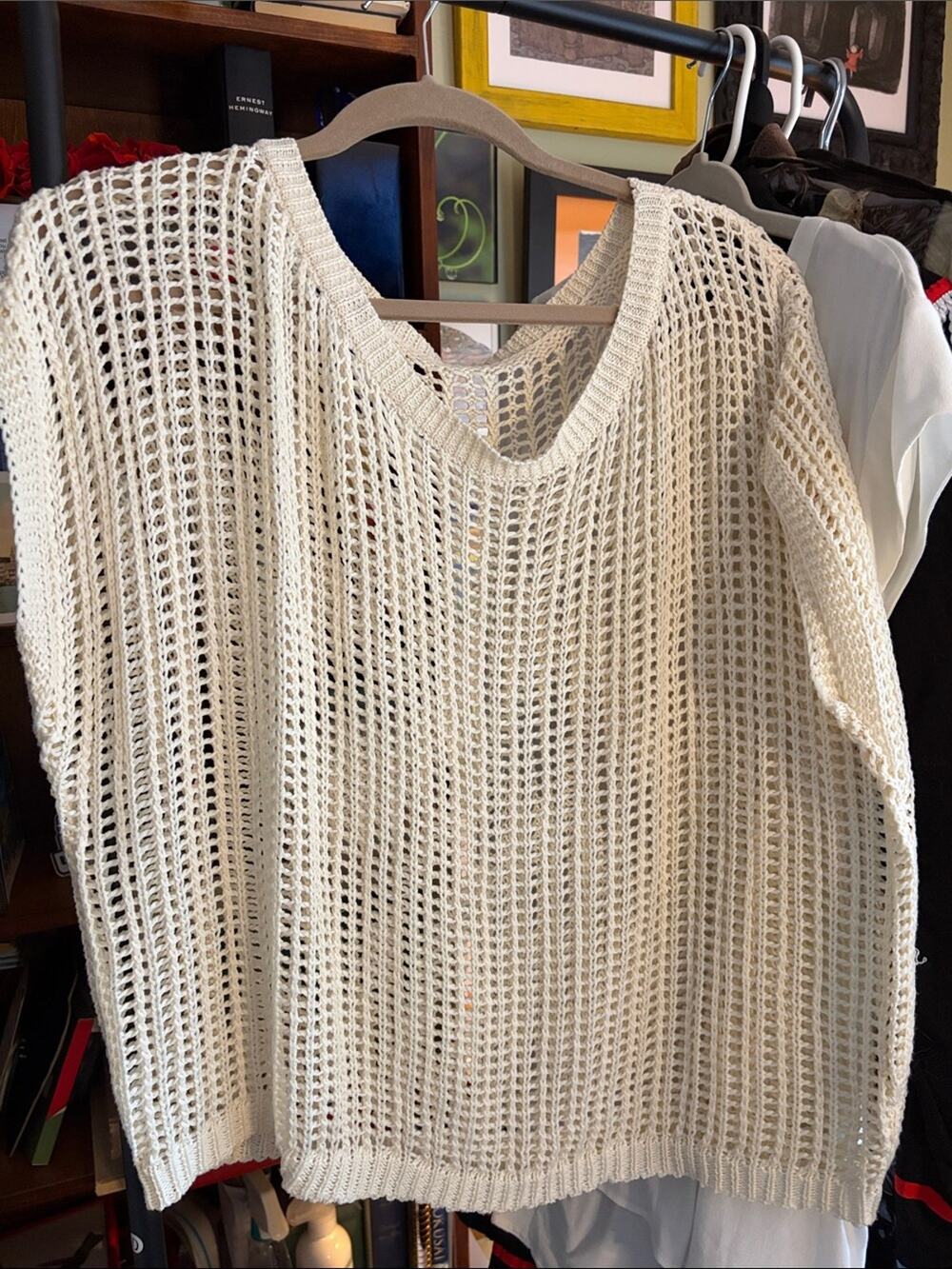 Women’s Cream Open-Weave V-Neck Sweater Top